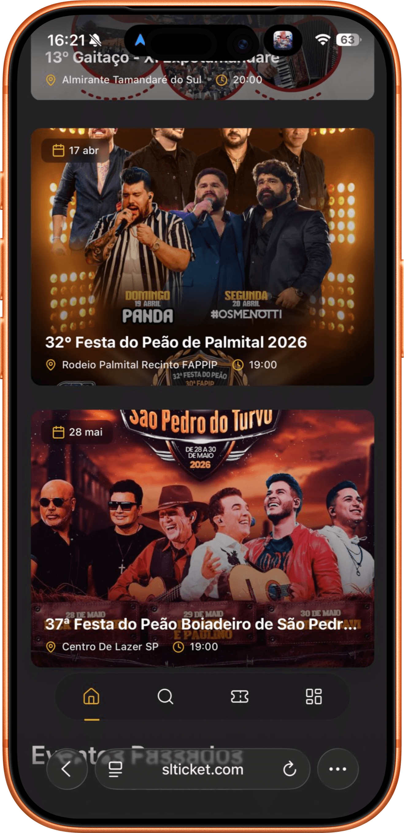 Tela principal do app SL Ticket